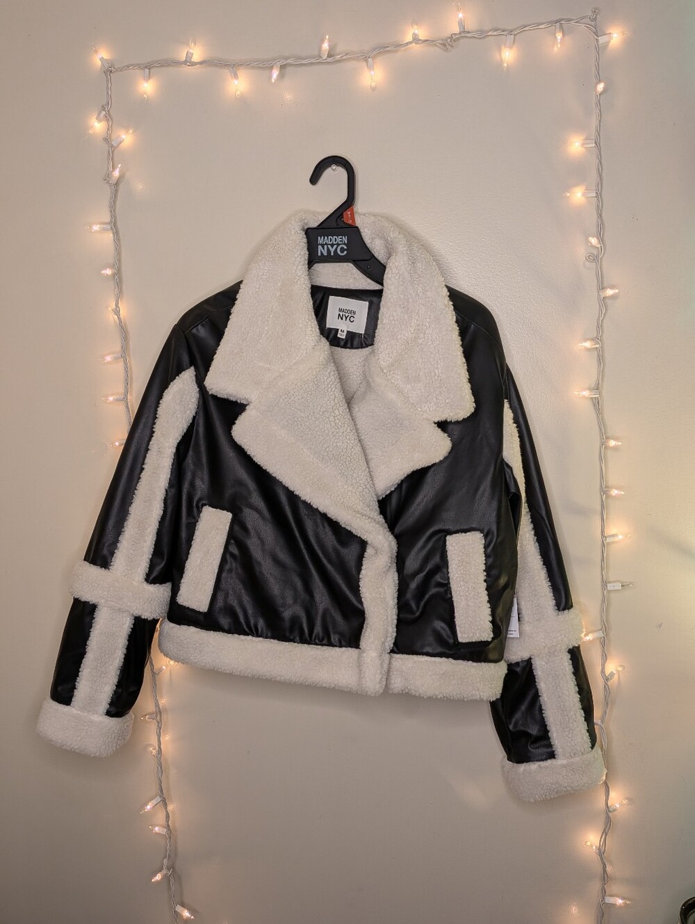 Women's Black Faux Leather Shearling Jacket - Size M